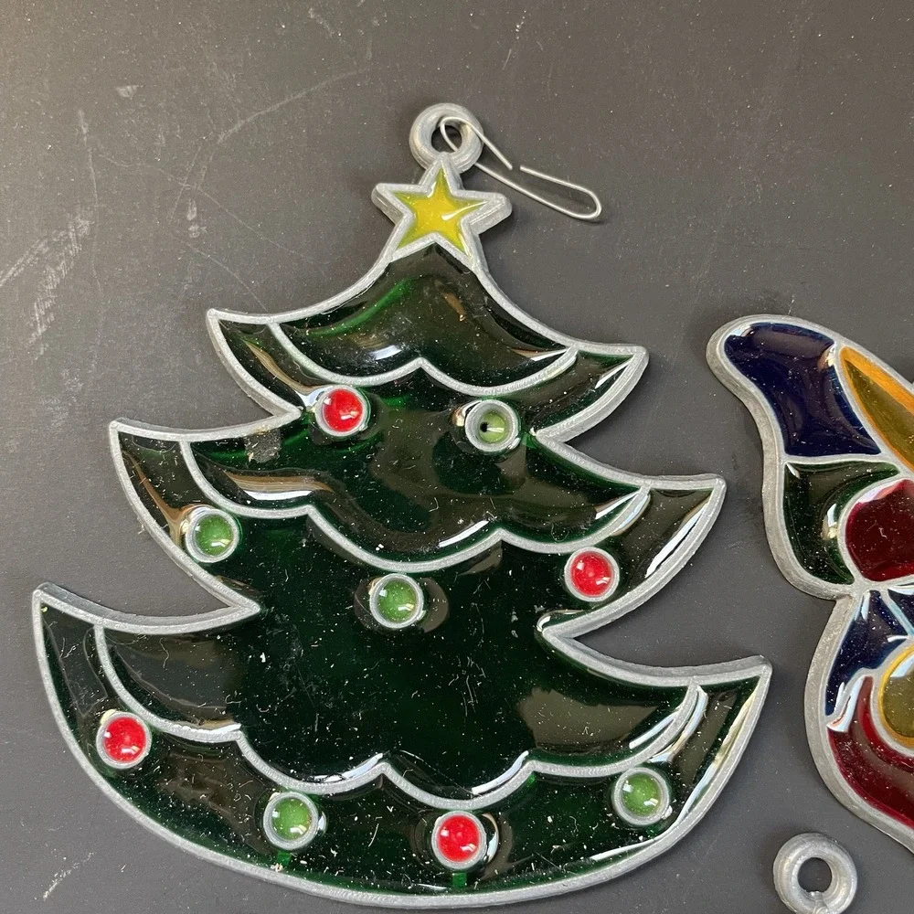 Vtg Lot‎ of 5 Faux Stained Glass Sun Catcher Christmas Window Ornaments Tree